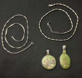Sterling Silver Pair Of Green Stone Pendants On 17 Inch And 17.5 Inch Chains