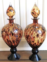 Pair Of Large Elegant Mouth Blown Art Glass With A Fabulous Amber Spotted Tone Decanters