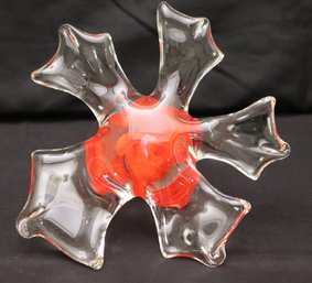 Signed Art Glass Decor In A Jubilant Star Shape With Flowing Orange Interior.