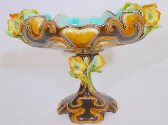 Art Nouveau Majolica Centerpiece Bowl With Yellow Flowers And Aqua Glazed Interior