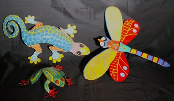 3-piece Santa Fe Style Hand Painted Art Sculptures Includes A Lizard, Dragonfly & Frog