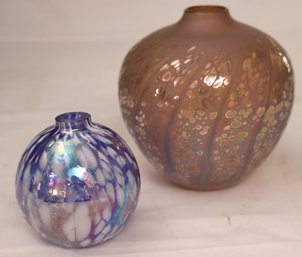 Zweifel Iridescent Art Glass Vase And Art Glass Bud Vase.