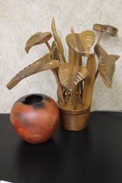 Signed Art Pottery Vase With Raku Style Finish And Carved Wood Flowers