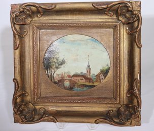 Antique Oil Painting On Board Of Dutch Town With Canal And Church.