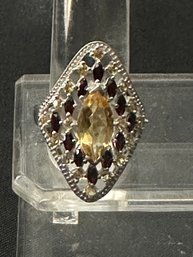 Sterling Silver Beautiful Citrine And Garnet Open Design Cocktail Ring - Size 9.25