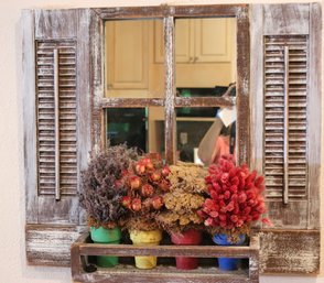 Decorative Shuttered Window Mirror Decor With Faux Plants