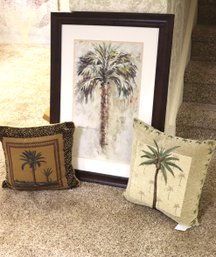 Print Of Royal Palm Tree By Barbara Klein Craig, And Two Palm Tree Design Pillows