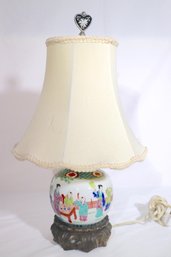 Antique Hand Painted Asian Porcelain Lamp On Foliate Metal Base, With Women And Children.