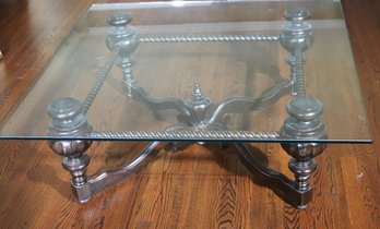 Vintage Coffee Table With Barley Twist Design Wooden Base And A Thick Glass Top With Rounded Edges