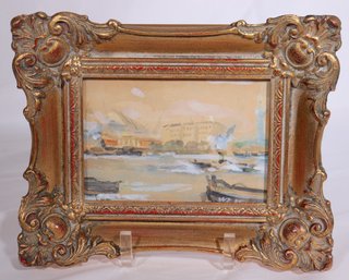 Small Watercolor Painting Of Harbor Scene With Boats In Baroque Gold Frame.