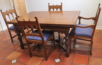 Antique English Oak Carved Wood Refractory Table Includes 4 Chairs