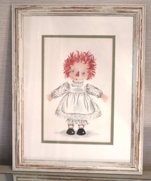 Signed, Watercolor, Drawing Of Raggedy Ann, In White Painted Distressed Frame.
