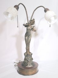 Art Nouveau Table Lamp Signed G. Risard Of Beautiful Maiden Titled Discretion, With Frosted Glass Shades.