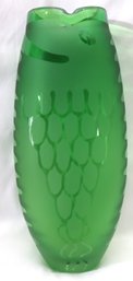 Art Glass Fish Designed Vase In Frosted And Clear Green Glass.