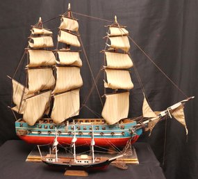 Vintage Constitution Model Wood Ship Measuring Approx. 34 X 6 X 30 Inches Includes Smaller Model