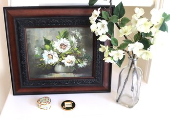 Floral Still Life Painted On Panel By Robert Cox, Museum Collections Trinket Box &Jay Strongwater Frame