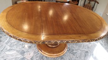 Carved Wood Pedestal Dining Table Can Open To Oval For More Space