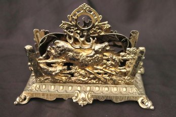 Vintage Footed Brass Letter Holder With Stag And Dogs.