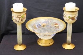 A Large Italian Art Glass Centerpiece Bowl With Marbleized Design And Matching Pair Candle Holders.