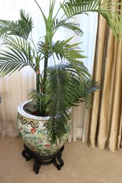 Large Chinese Goldfish Bowl/ Planter With Stand And Faux Plant