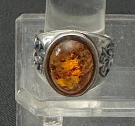 Sterling Silver And Amber Ring-Size 10.5