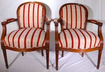 Pair Of Walnut Framed Louis XV Style Armchairs With Stripped Burgundy Fabric.