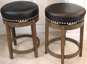 Pair Of Round Wood And Faux Leather Stools With Nail Heads Trim.