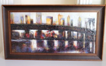 Framed Giclee Of A Cityscape And Bridge With Purple & Yellow Tones