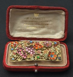 Older Vintage Elegant Goldtone Brooch Pin With Semi Precious Stones As Grape Clusters And Flowers-original Box