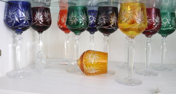 Set Of 11 Colorful/ Bohemian Style Czech Wine Glasses As Pictured.