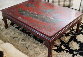 Large Red Lacquered Chinoiserie Coffee Table With Hand Painted Scenery