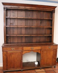 Antique Rustic English 19th Century Oak Welsh Low Sideboard With Open Shelve Hutch, Separates Into Two Pieces
