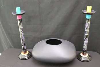 Stylish Retro Centerpiece Vase And Painted Candlesticks