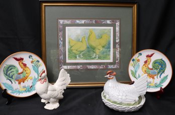 Buff Orpingtons Framed Rooster Print By Ludlow Includes Hand Painted Wall Plates From Italy, Rooster Serving