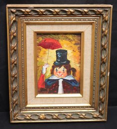 Vintage MCM Little Girl Clown Painting Signed By The Artist Bon