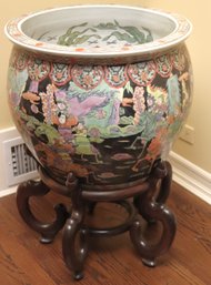 Large Asian Planter Fish Bowl With Hand Painted Characters And Scenery Throughout, Includes A Wood Stand