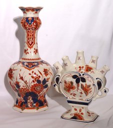 A Rare Vintage Delft Porcelain Tall Hand Painted Vase And A Tulip Vase.