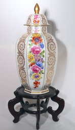 Large Austria Beehive Hand Painted Urn With Lid With Exquisite Floral Decoration And Gold Swirls.