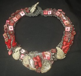 Funky , Chunky Coral,  Mother Of Pearl, Small Square Beads And Tiny Glass Beaded Necklace