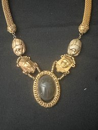 Fabulous Miriam Haskell Necklace W Gold 2 Sided Egyptian Pharaohs, Center Stone With Scarab  Both Sides 18 In