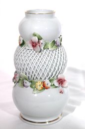 Triple Gourd Porcelain Vase Made In Romania With Delicate Woven Designs And Flowers.
