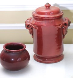 Two Ceramic Handmade Pottery Pieces In Rich Burgundy Color Glaze.