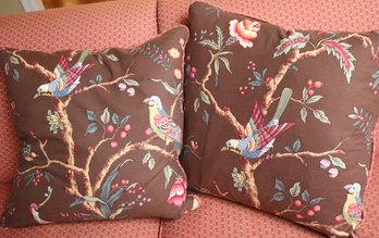 Pair Of Custom Square Zipper Pillows With Brown Floral/hummingbird Pattern