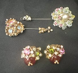 3 Pc Miriam Haskell Set Includes 2 Stick Pins And Pair Clip On Earrings, All Signed