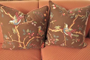 Pair Of Custom Zipper Pillows With Brown Floral/hummingbird Pattern