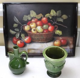 Tray With A Fruit Motif, And 2 Green Glazed, Decorative Italian Pottery.