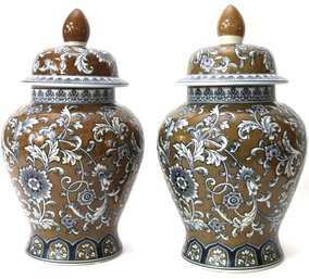 Pair Of Stylish Ceramic Urns With Ornate Floral Design
