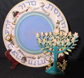 Whimsical Ceramic Seder Plate And Karshi Jerusalem Wall Menorah.