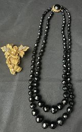 Miriam Haskell Vintage 50s Black Faceted Jet Glass Beads, 2 Strand Necklace, Signed And MH Pin