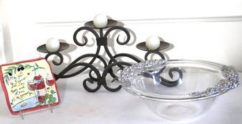 Wrought Iron Candle Holder With A Large Fruit Bowl, Includes Julia Junkin Certified International Trivet